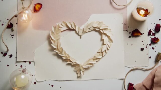 Flickering candle and bulb lights casting reflections on paper heart wreath on pink table
