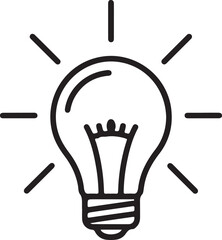 A black and white illustration of a light bulb with rays emanating from it isolated on white background, illustration