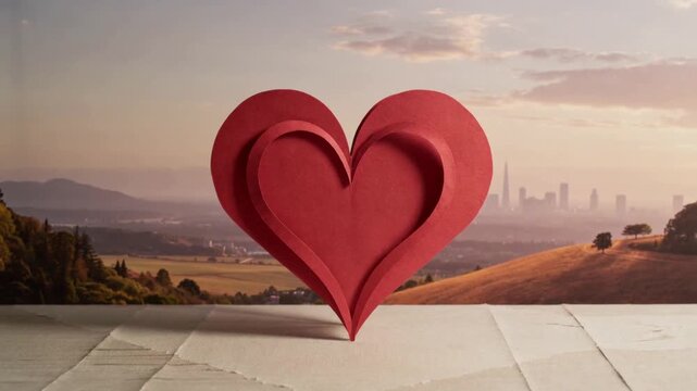 Shifting sunlight moving shadow left under red layered paper heart on torn cardboard at hilltop