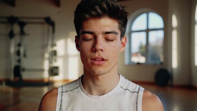 Practicing man in white sleeveless top performing neck stretch on mat in gym after inhale, warming
