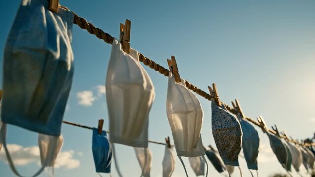 Reusable cloth face masks drying on a clothesline under a bright blue sky