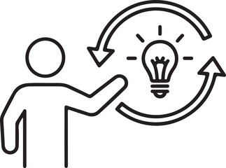 Person pointing towards a light bulb with arrows indicating a cycle of ideas isolated on white background, illustration