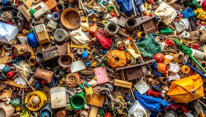 Obraz premium Cluttered Mess of Discarded Items Overhead View Chaos and Untidiness Overwhelmed Unorganized Junk Heap.