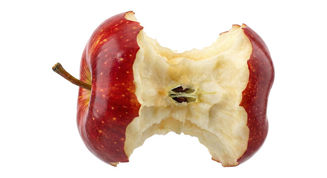 Red Apple Core with Bite Taken Out Isolated on White Background