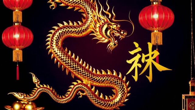 Vertical Format : Happy Chinese New Year, year of the Dragon background decoration, with the Chinese calligraphy "Heng" : may you attain greater wealth and a Happy New Year
