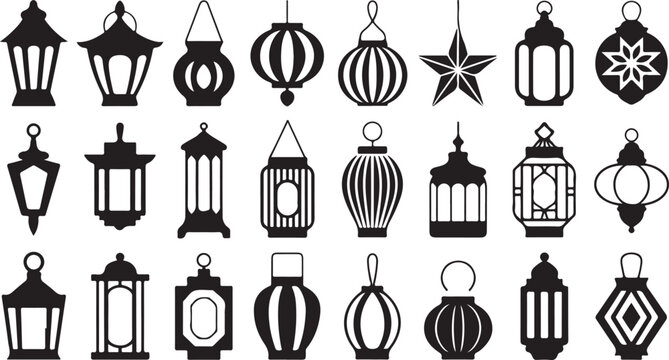 A comprehensive collection of traditional black silhouette lanterns in various unique shapes and cultural styles