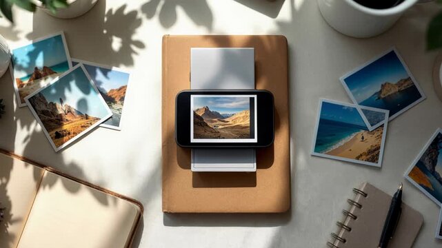 Top view of a portable printer producing a photograph from a smartphone on a desk