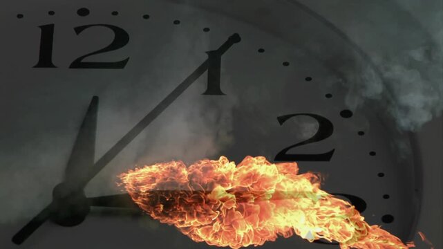 Large analog clock centering ember igniting growing moving left swelling fading to signal urgency