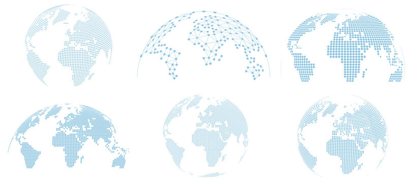 Set of Light Blue Dotted World Globe Icons - Global Connectivity and Earth Map Collection