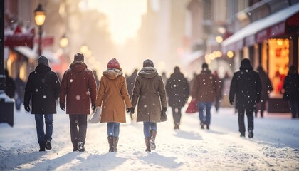 Obraz premium Snowy urban landscape featuring people walking along a street during wintertime season in european village.