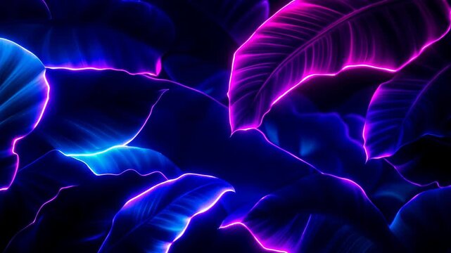 Abstract fluorescent tropical leaves illuminated by a vibrant, glowing neon light against a dark background