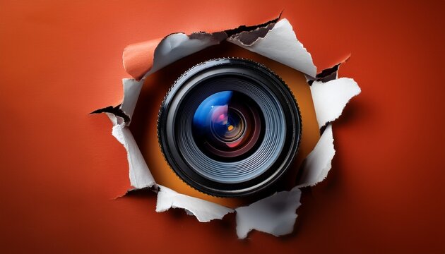 a creative shot capturing a camera lens through a torn paper hole representing the art of photography and the exploration of perspectives and visual storytelling