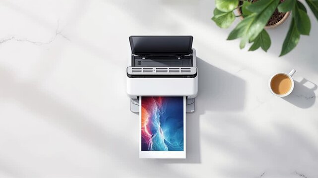 Overhead view of a compact printer producing a high quality, colorful abstract photograph