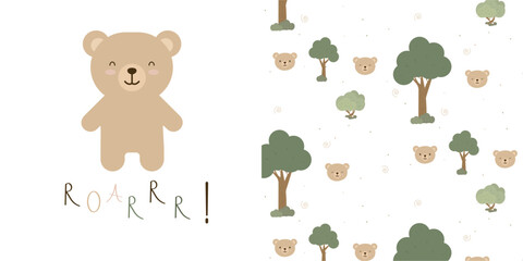 A cute bear with the inscription Growl.Vector seamless pattern and print for clothing.