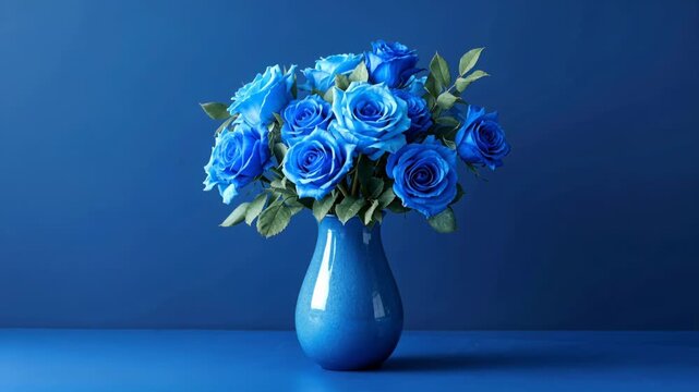 Stunning bouquet of vibrant blue roses rotating in a matching vase on a simple background