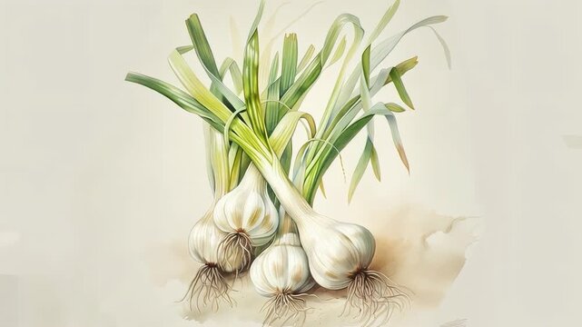 Fresh garlic bulbs with roots and green stems painted in a delicate watercolor style