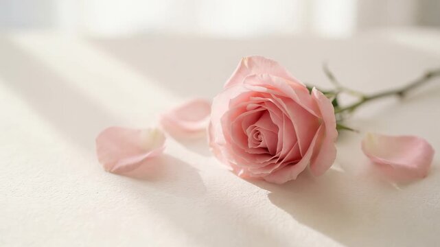 Beautiful pink rose with petals lying on a white surface with soft window light