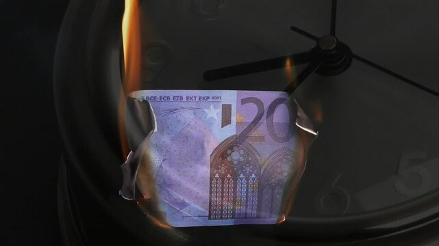 20 euro note igniting at edges, burning, crumbling into falling ash showing time destroying money
