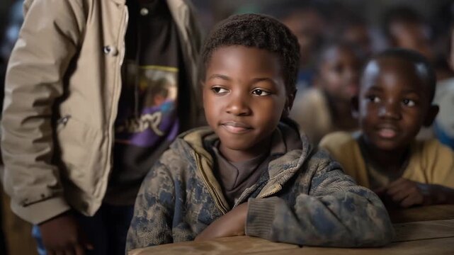 A classroom filled with children in outdated school materials reflects the impact of poverty on education, emphasizing the need for equitable resources and support to uplift vulnerable communities.