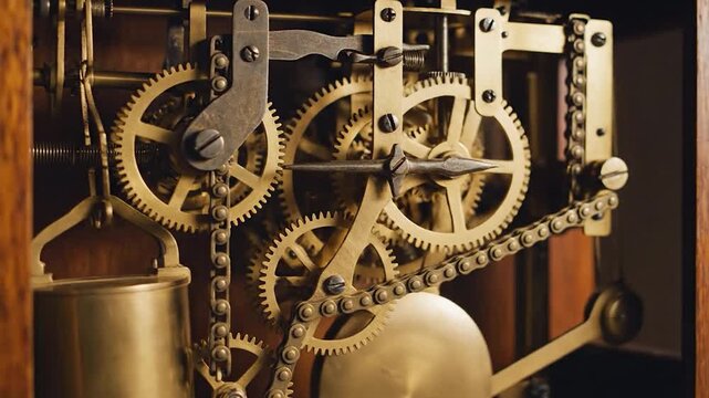 Close-up view of intricate brass gears and chains within a vintage clock