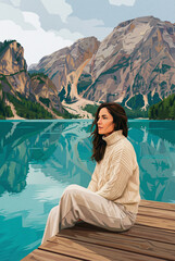 Fototapeta premium Beautiful illustration of a woman relaxing on a wooden pier, enjoying the serene view of a turquoise alpine lake and mountains. Peaceful travel concept.