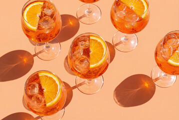 Top view of Aperol Spritz cocktails with orange slices and ice. Refreshing summer alcoholic drinks on a peach background with hard, graphic shadows.