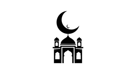 Islamic Mosque Building Silhouette with Crescent Moon Symbol.