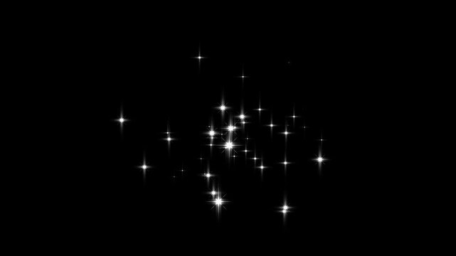 4K twinkle sparkle stars looping animation, twinkling stars shining in night sky, particle magic tail, sparkling glitter star dust trail loop, on black screen background, fantasy magic effect