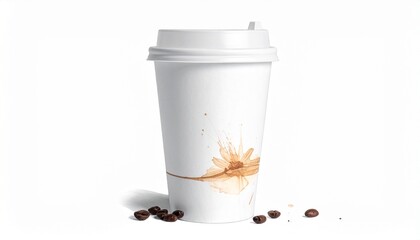 Coffee cup with spill and coffee beans isolated on white conceptual product photography for lifestyle themes.