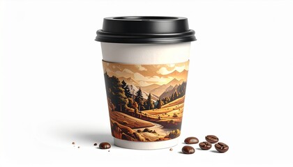 Coffee cup with landscape design on white background perfect for showcasing outdoor lifestyle and beverage themes.