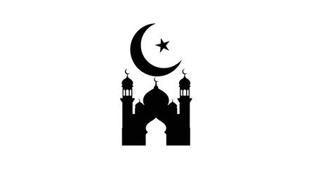Islamic mosque silhouette with crescent moon and star symbol.