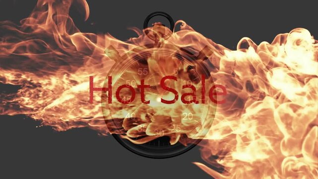Flame ball entering left, sweeping over stopwatch, revealing Hot Sale headline, signaling sale