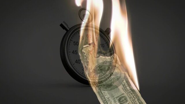 Flame starting top-right, banknote burning and curling, stopwatch staying still, showing money loss