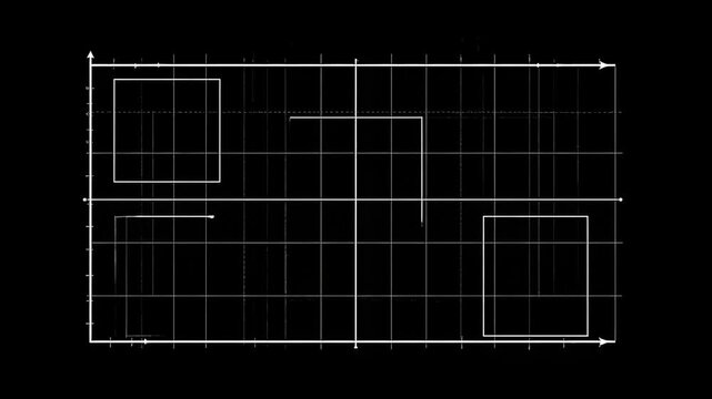 Technical floorplan view from above, displaying grid of rooms and doorways on black background