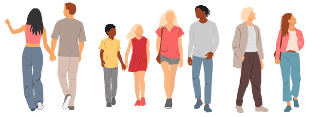 Walking people on vacation, family with children and couples, vector silhouettes, profile, front and back views, different colors, cartoon character, flat icon, design concept, isolated on white © Galina