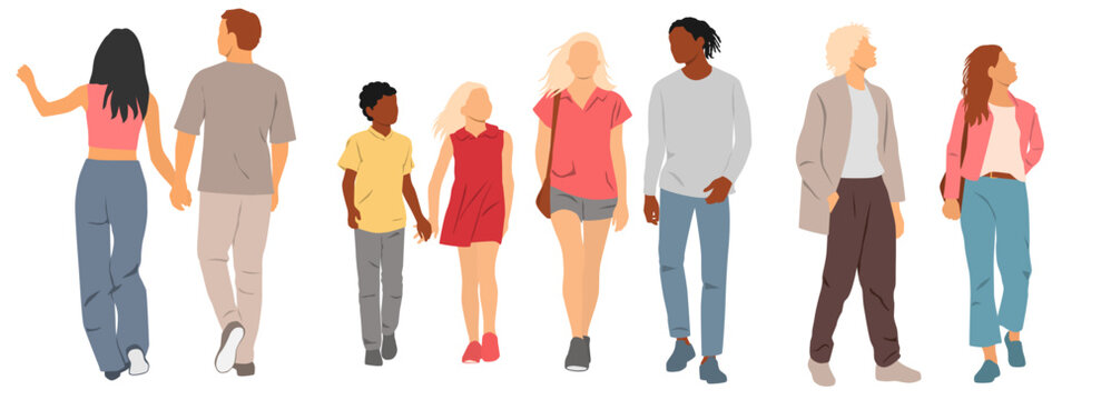 Walking people on vacation, family with children and couples, vector silhouettes, profile, front and back views, different colors, cartoon character, flat icon, design concept, isolated on white