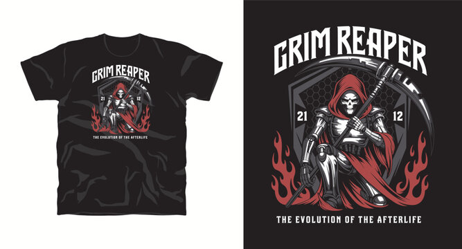 Grim reaper with scythe sitting and surrounded by flames on black background and text the evolution of the afterlife t-shirt design