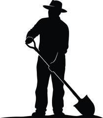 Farmer silhouette digs with shovel in field labor activity outdoors