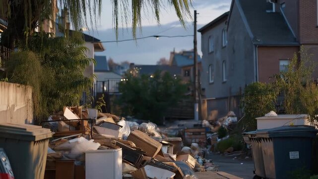 A cluttered urban alley filled with various types of junk, from old appliances to broken furniture, illustrating the creativity in transforming junk into usable art pieces. cinematic color