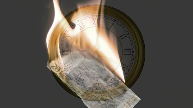 Ignition spark starting paper corner, paper burning and curling, veiling clock face, showing decay