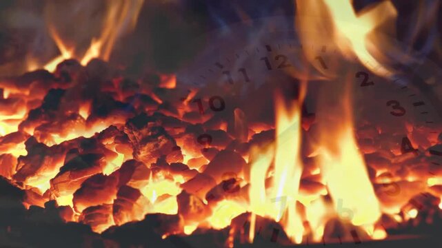 Coals glowing emitting amber flames flickering and rising while clock overlay showing passing time