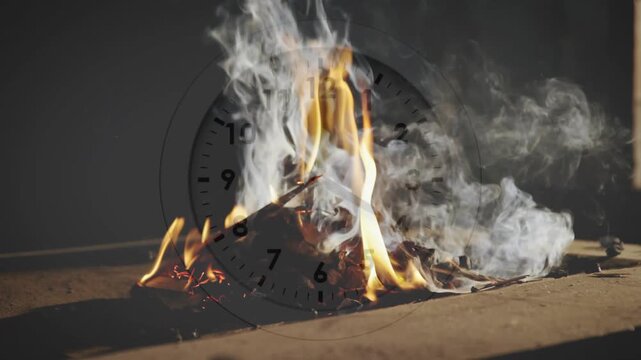 Smoldering pile burning from spark, flames growing, smoke billowing rightward, clock showing time