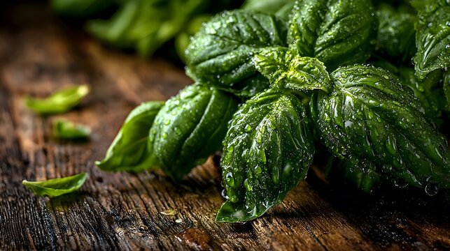 Vibrant green basil leaves with delicate water droplets on a rustic dark wooden surface under soft natural light for a fresh organic vibe.