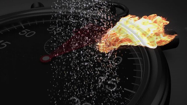 Falling silvery granules igniting crown flame, stopwatch dial forming particles into glowing plume