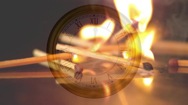 Clock overlay still, matches moving inward, sparks igniting, flame spreading right, showing time