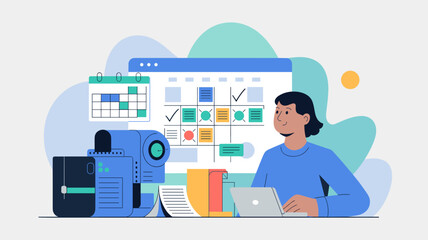 Maintenance planner scheduling equipment service tasks on digital dashboard, Concept of preventive maintenance, planning and operations management