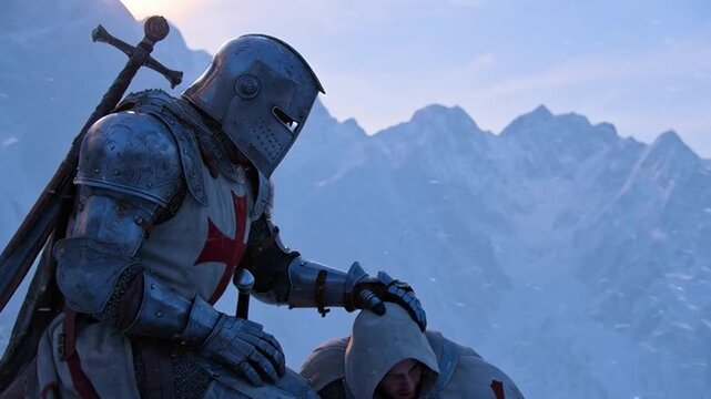 A Knights Templar knight in armor with a cross on his chest stands over a fallen brother in a misty mountainous landscape viewed from a low angle