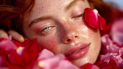 Redhead Woman with Freckles and Rose Petals on Face