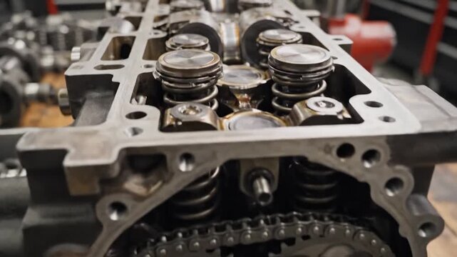 Disassembled engine block and various automotive components on a workbench