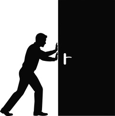 Man pushing open large door with effort and strength in simple illustration